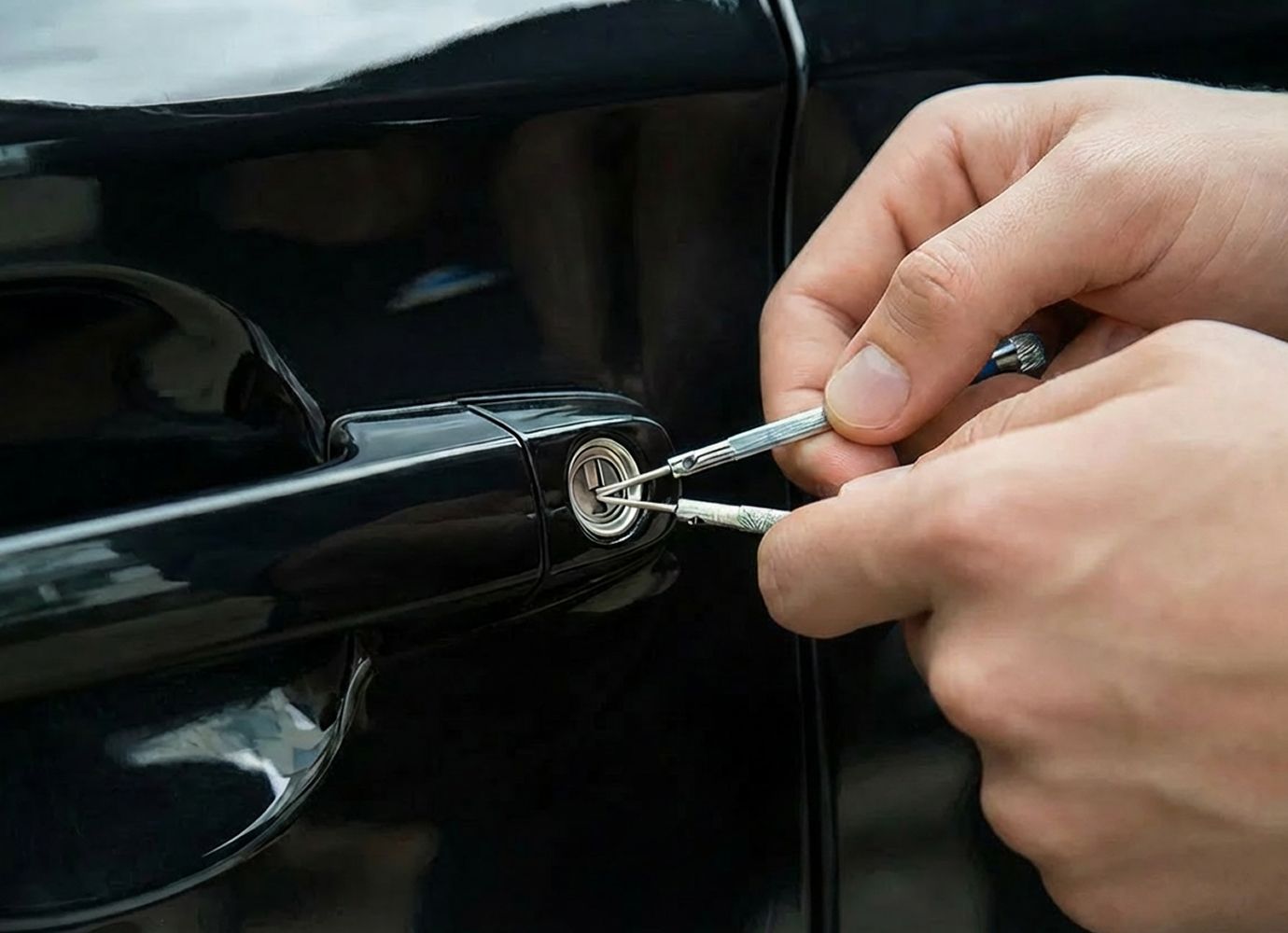 Automotive locksmith unlocking a car